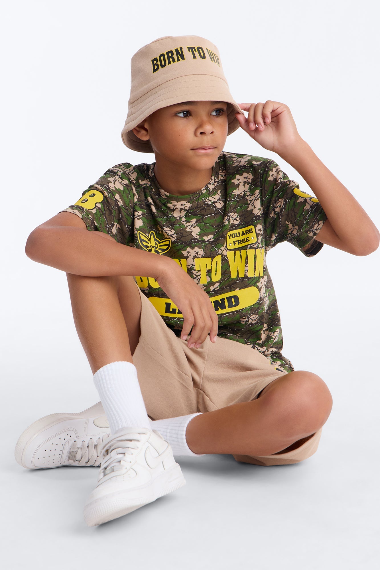 Mini Born To Win Short Set With Bucket Hat - Taupe/combo