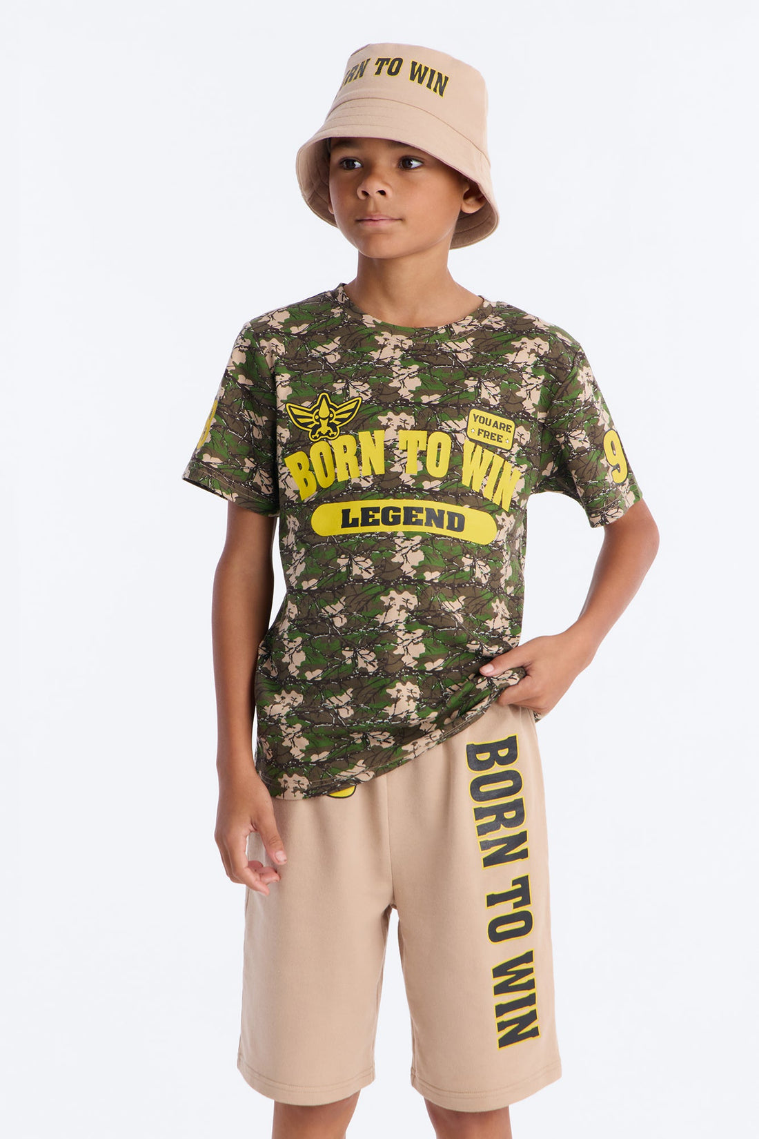 Mini Born To Win Short Set With Bucket Hat - Taupe/combo