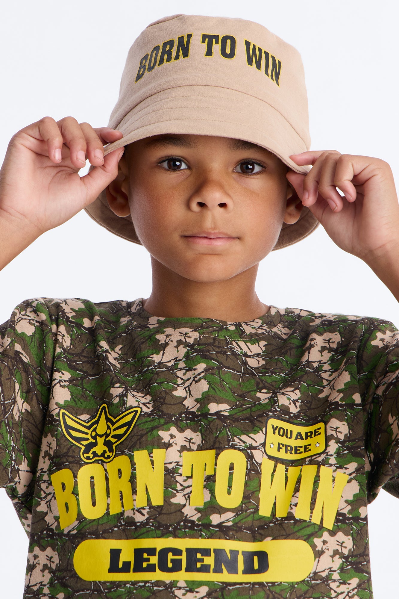 Mini Born To Win Short Set With Bucket Hat - Taupe/combo