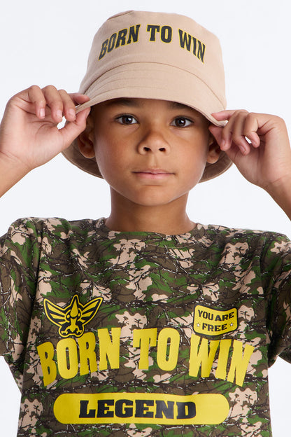 Mini Born To Win Short Set With Bucket Hat - Taupe/combo