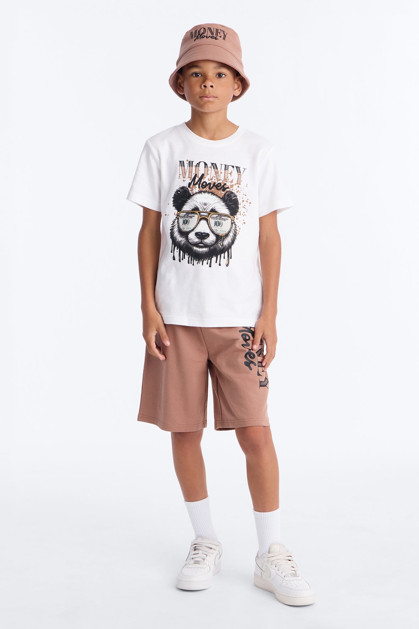 Mini Money Moves Short Set With Bucket Hat - White/combo