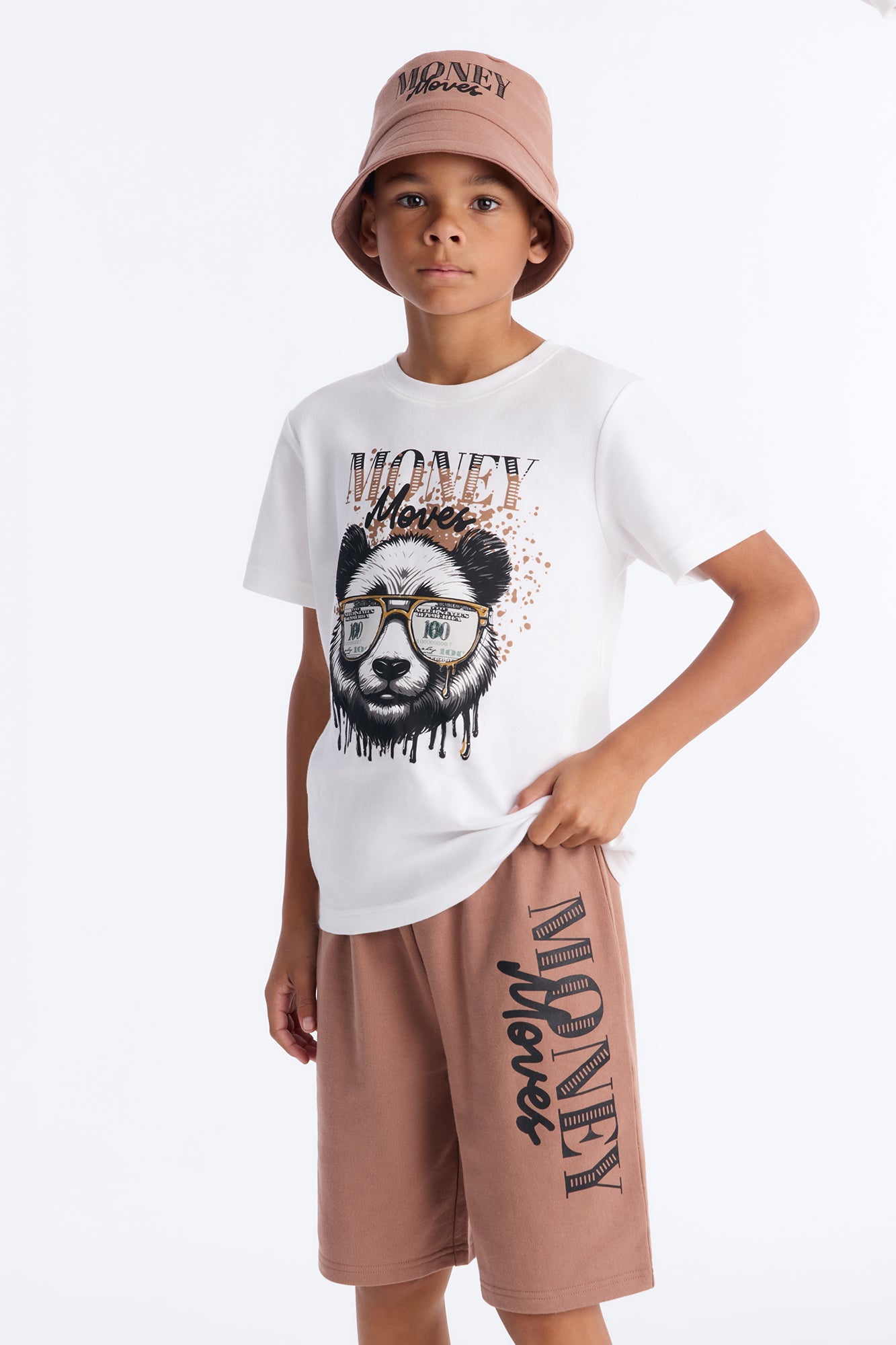Mini Money Moves Short Set With Bucket Hat - White/combo