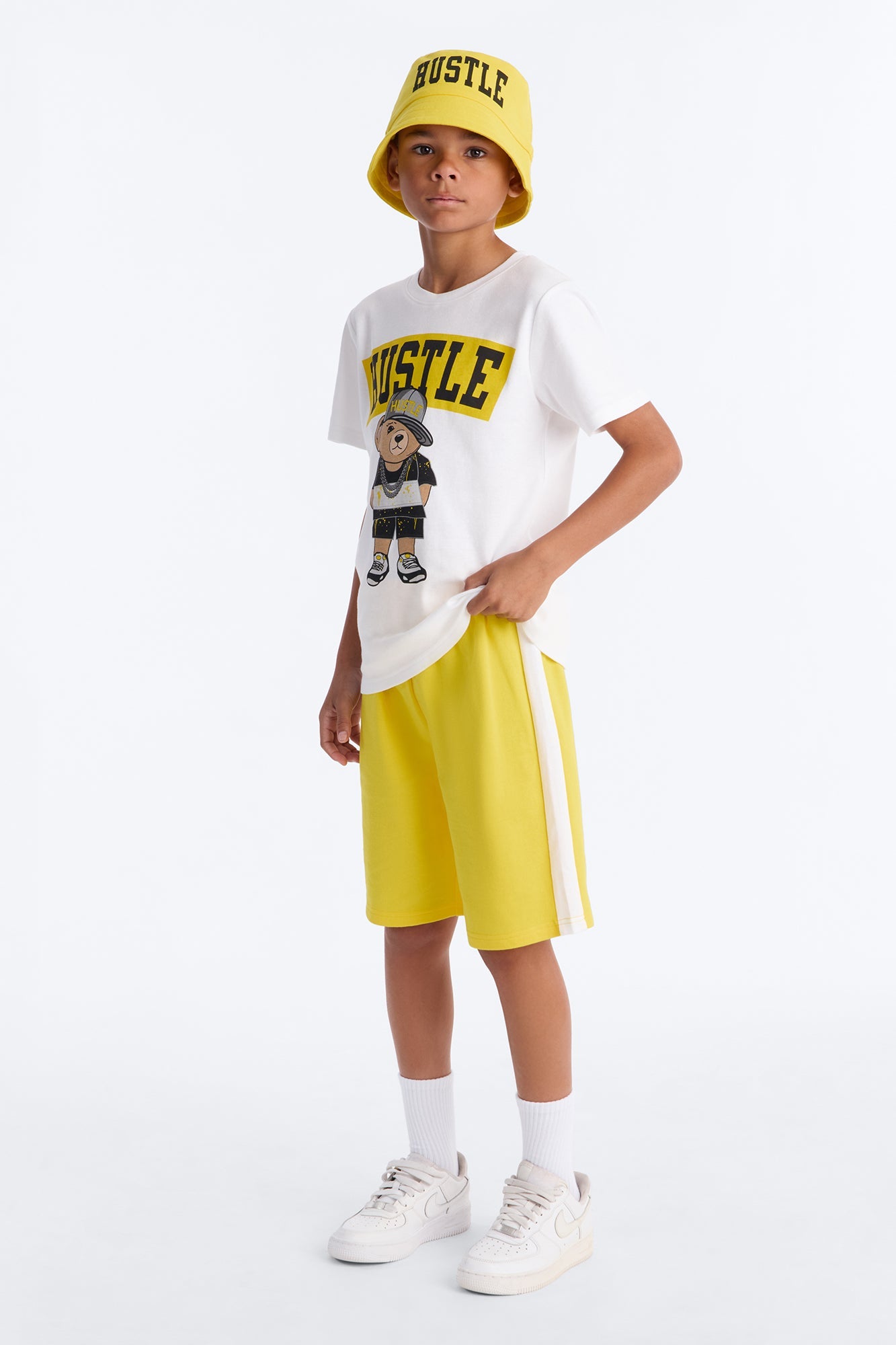Mini Hustle Bear Short Set With Bucket Hat - White/combo