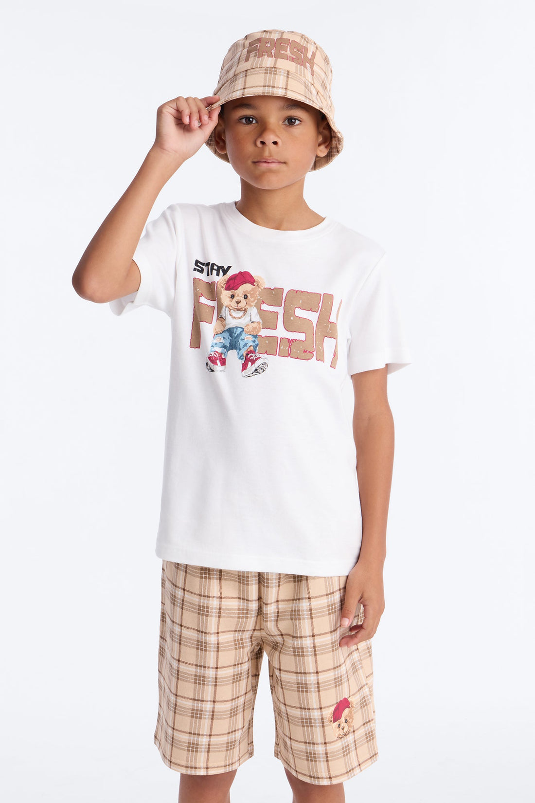 Mini Stay Fresh Plaid Short Set With Bucket Hat - White/combo