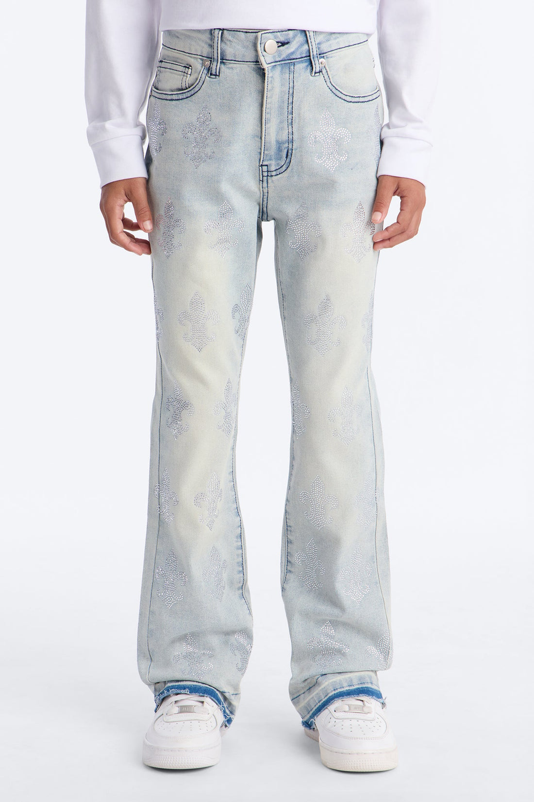 Mini Stacked Skinny Flare Street Monarch Jeweled Jean - Light Wash
