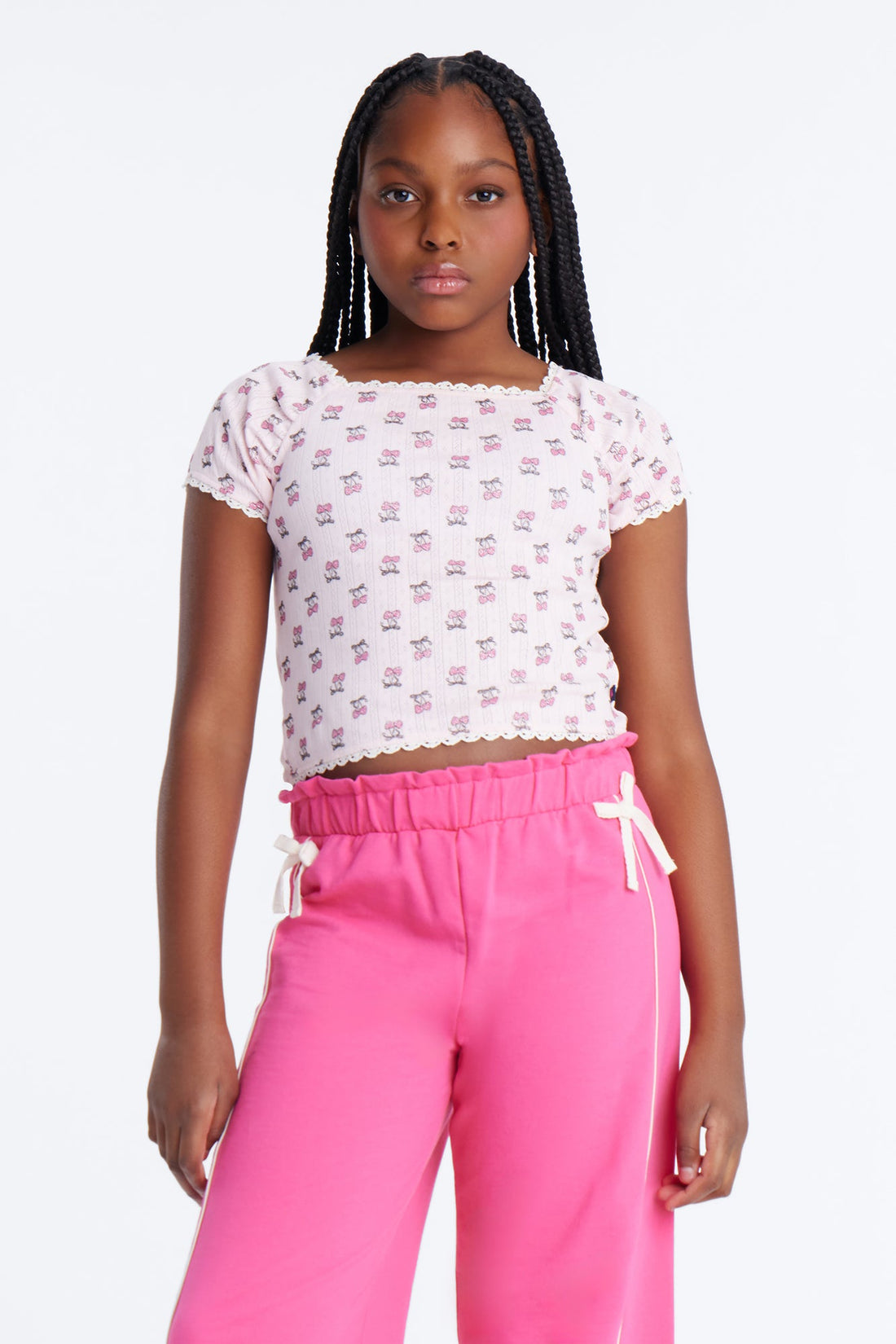 Mini Cherry Sweet Girl Wide Leg Pant Set - Pink