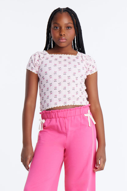 Mini Cherry Sweet Girl Wide Leg Pant Set - Pink