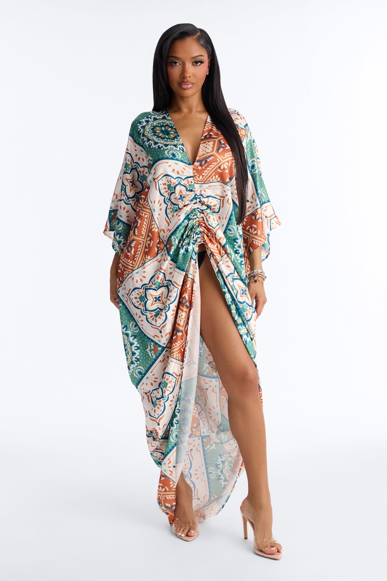Golden hour Kaftan Satin Maxi Dress - Ivory/combo
