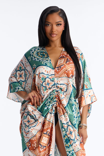 Golden hour Kaftan Satin Maxi Dress - Ivory/combo