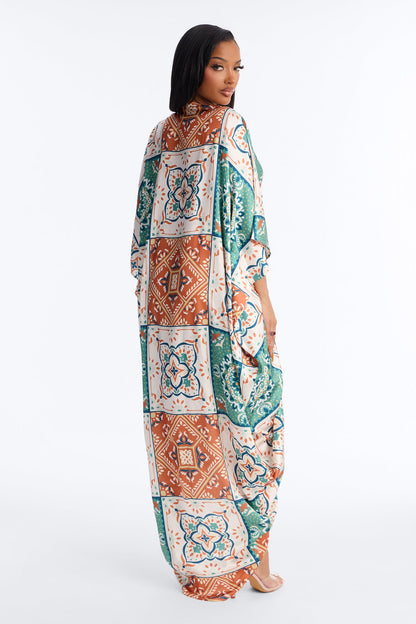 Golden hour Kaftan Satin Maxi Dress - Ivory/combo