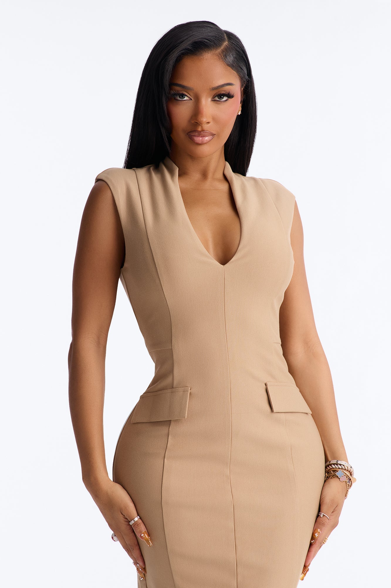 Busy Woman Body Sculpting Ponte Midi Dress - Mocha