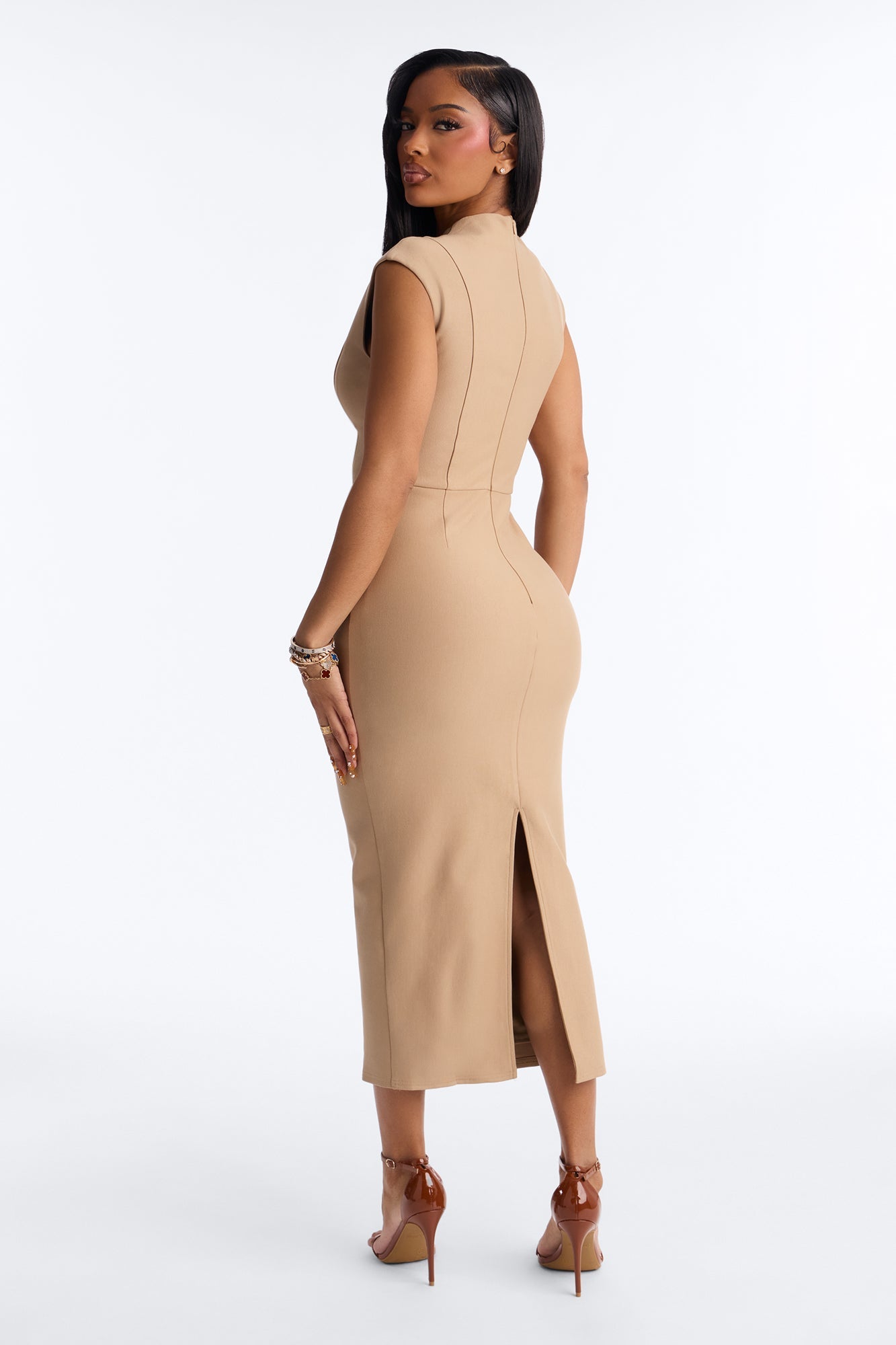 Busy Woman Body Sculpting Ponte Midi Dress - Mocha