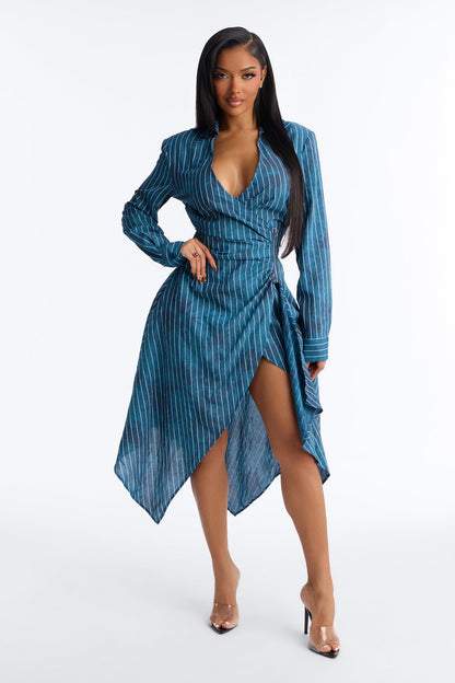 Adeline Pinstripe Tie Dye Midi Dress - Navy