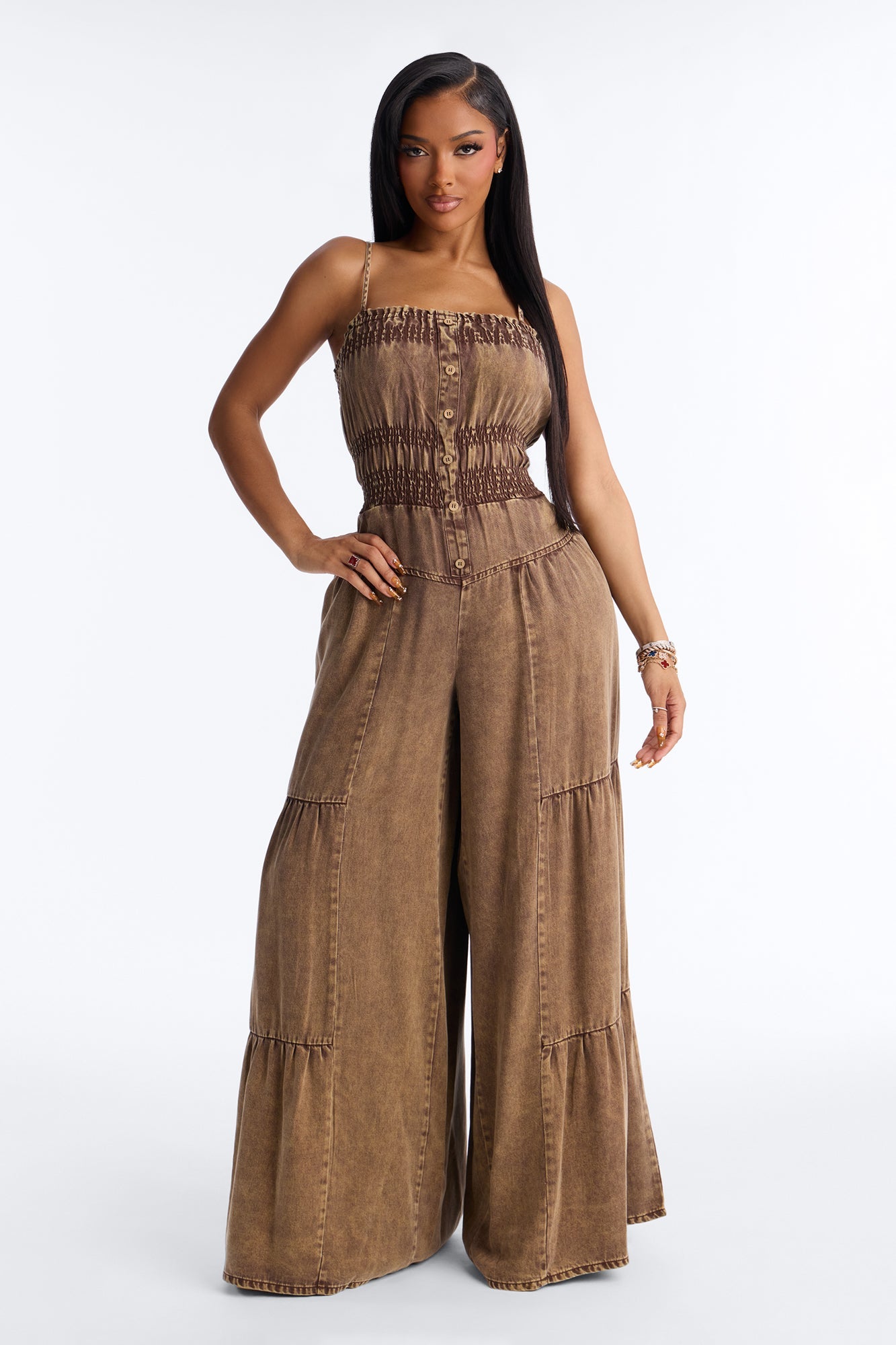 Shania Washed Wide Leg Jumpsuit - Chocolate
