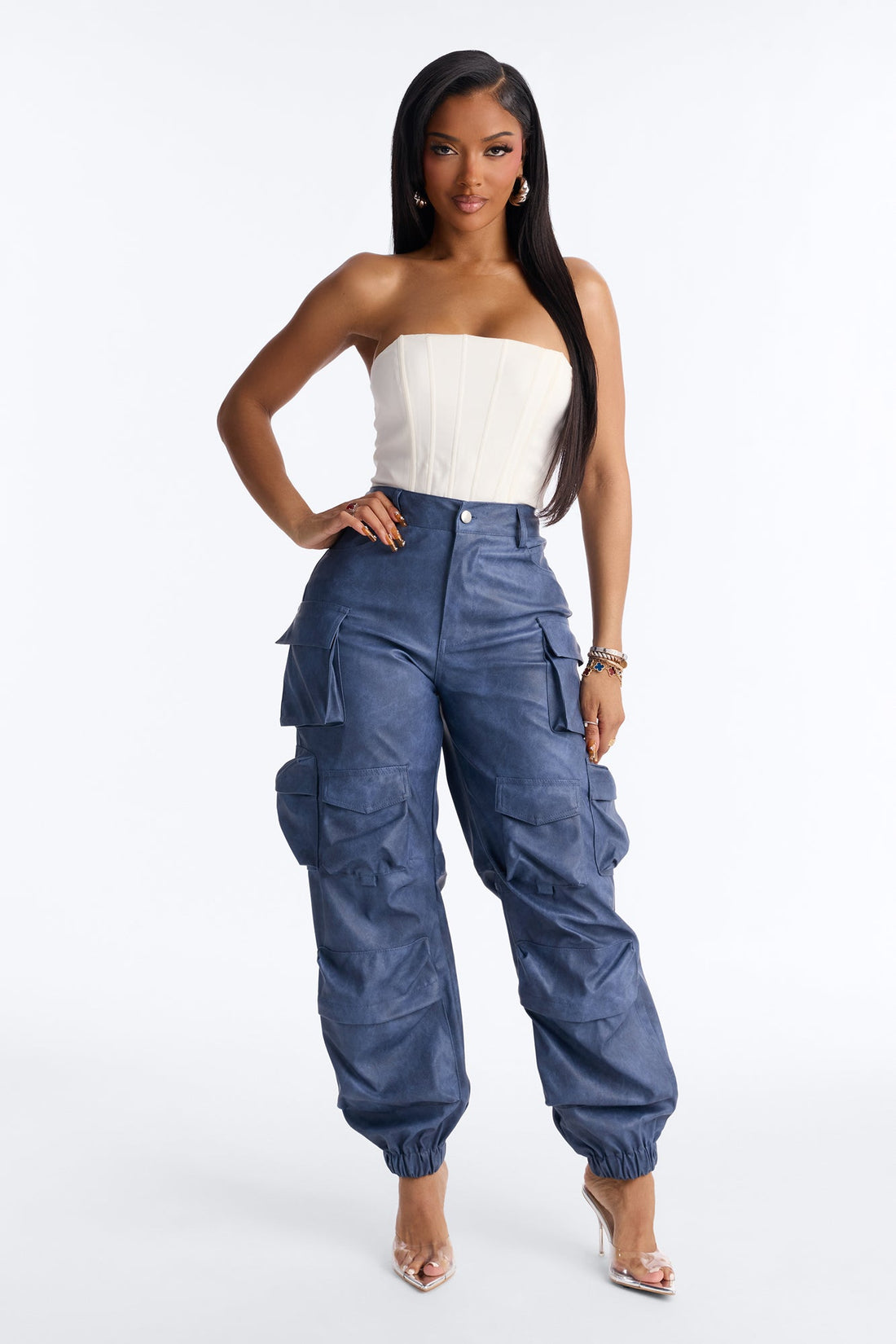 Weekend Warrior Washed Faux Leather Cargo Jogger - Blue