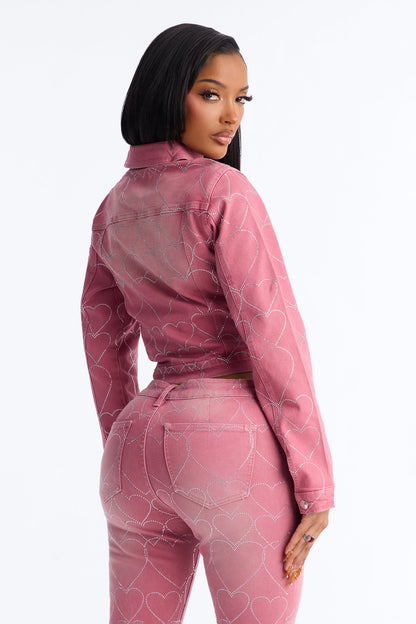 Breaking My Heart Embellished Denim Jacket - Rose