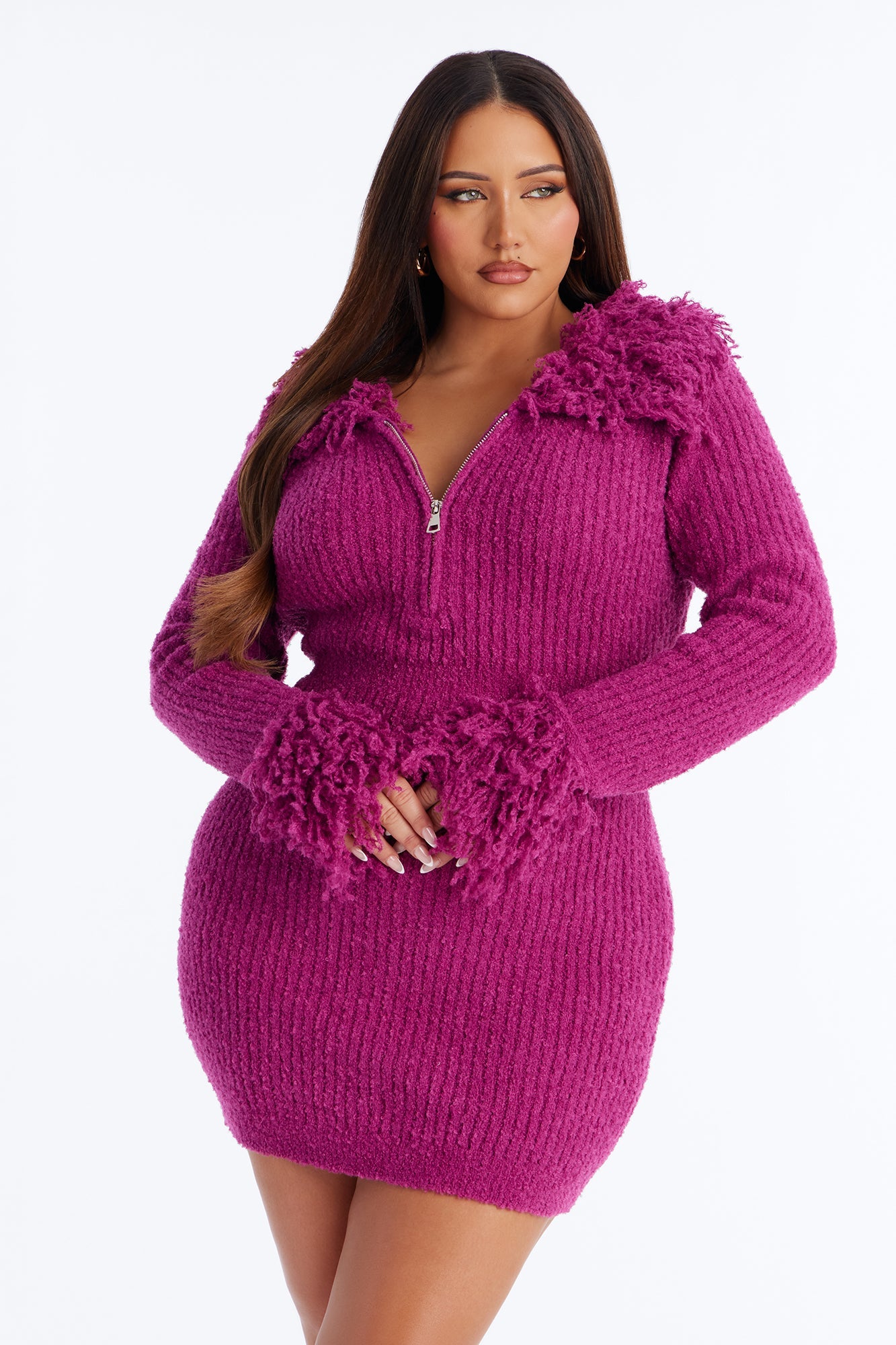 Zahra Fringe Trim Sweater Mini Dress - Purple