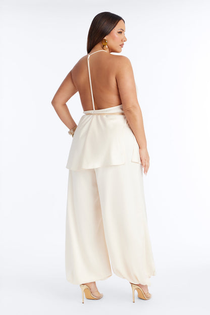 Malu Satin Halter Balloon Pant Set - Cream