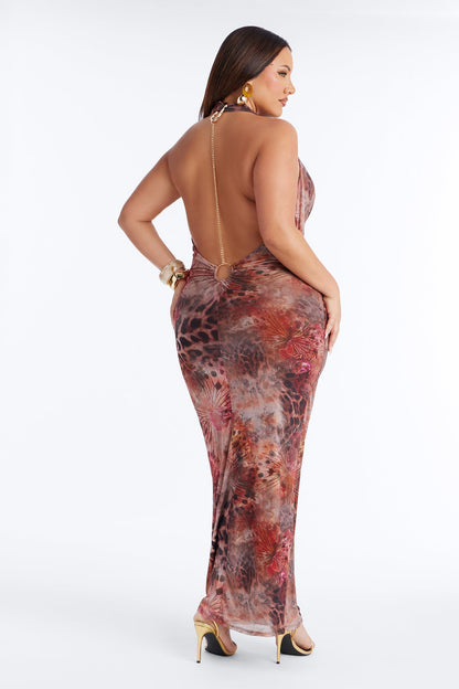 Back For More Backless Mesh Maxi Dress - Brown/combo