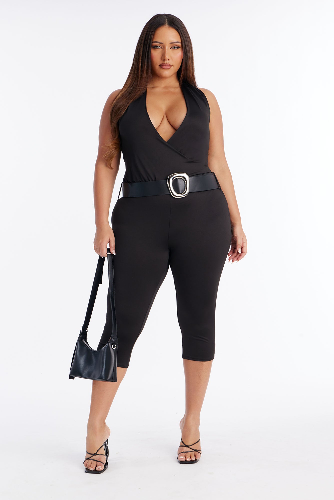 Marla Backless Belted Capri Catsuit - Black
