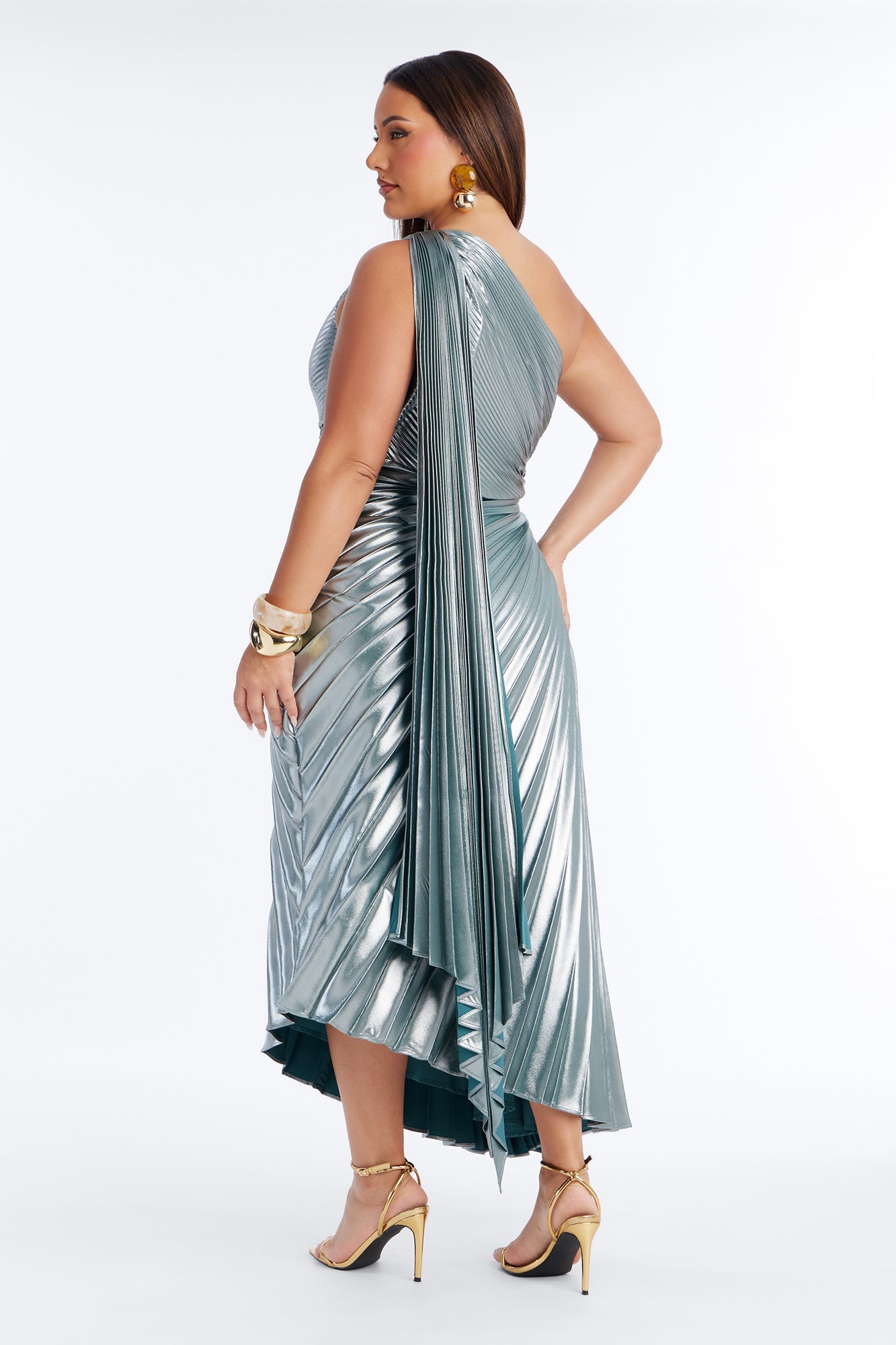 Cleo Pleated Metallic Gown - Teal