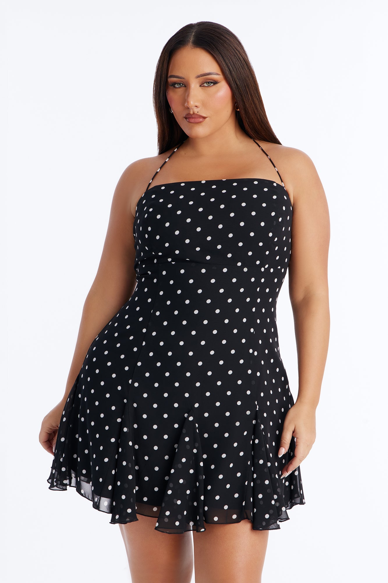 On The Dot Pleated Chiffon Mini Dress - Black