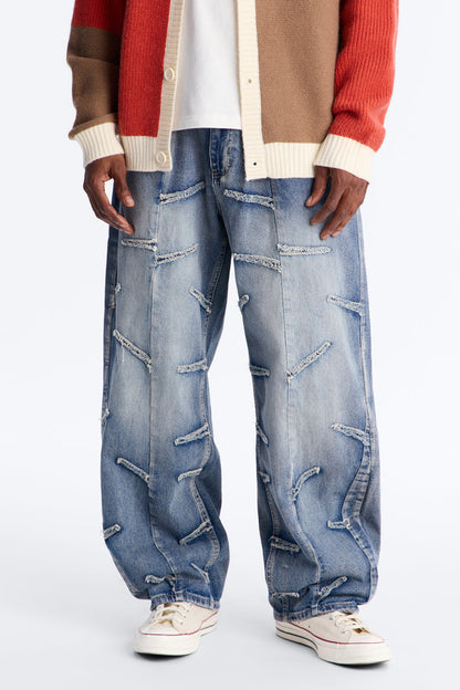 Barrel Slanted Fray Jean - Medium Blue Wash