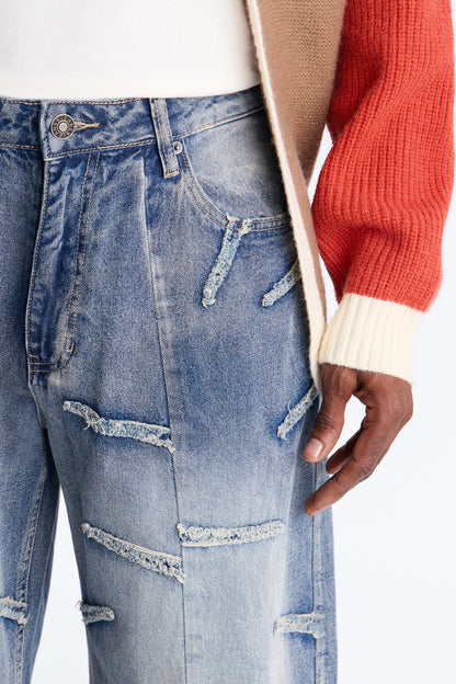 Barrel Slanted Fray Jean - Medium Blue Wash