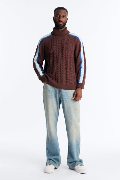 Cable Knit Turtle Neck Contrast Sweater - Chocolate