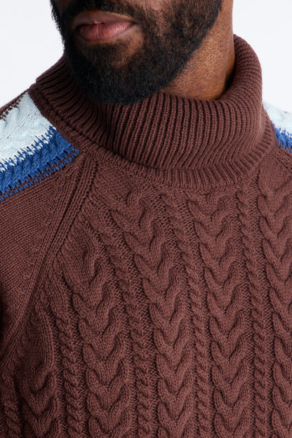 Cable Knit Turtle Neck Contrast Sweater - Chocolate