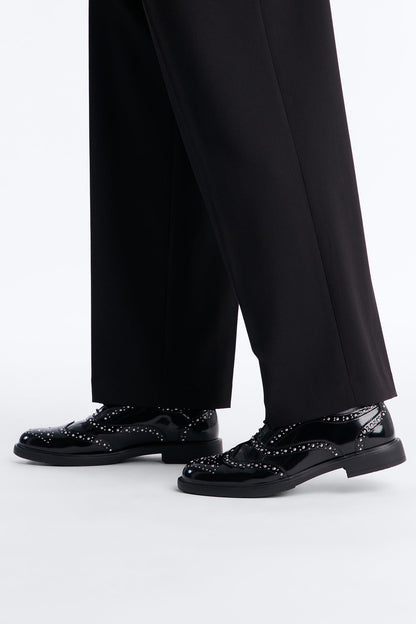 Patent Leather Studded Wing Tip Lace Up Shoe - Black