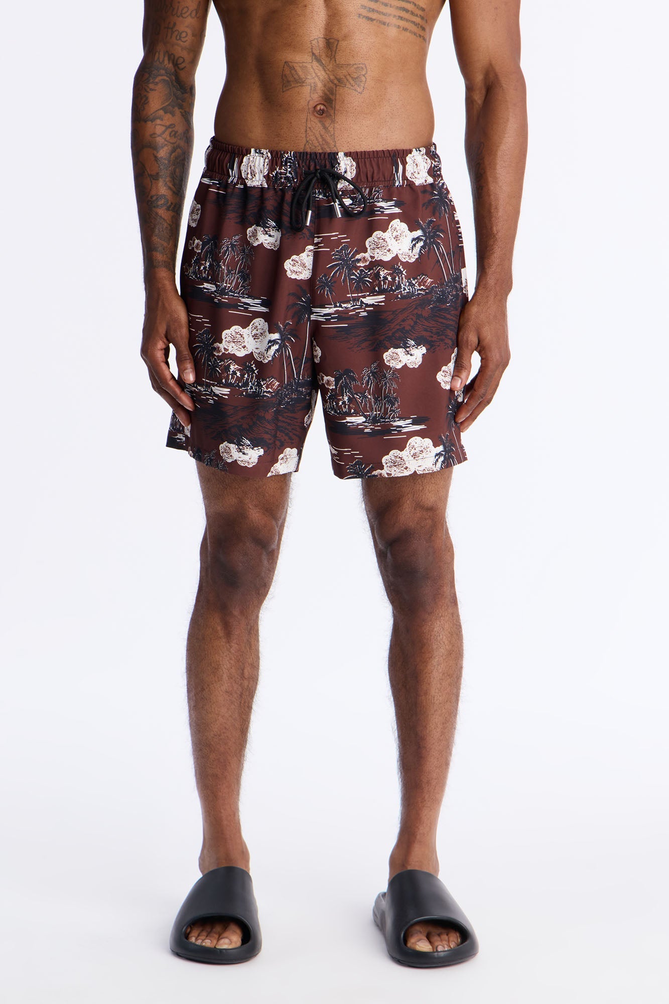 Brushed Tropical Oasis Swim Trunk 7″ - Brown