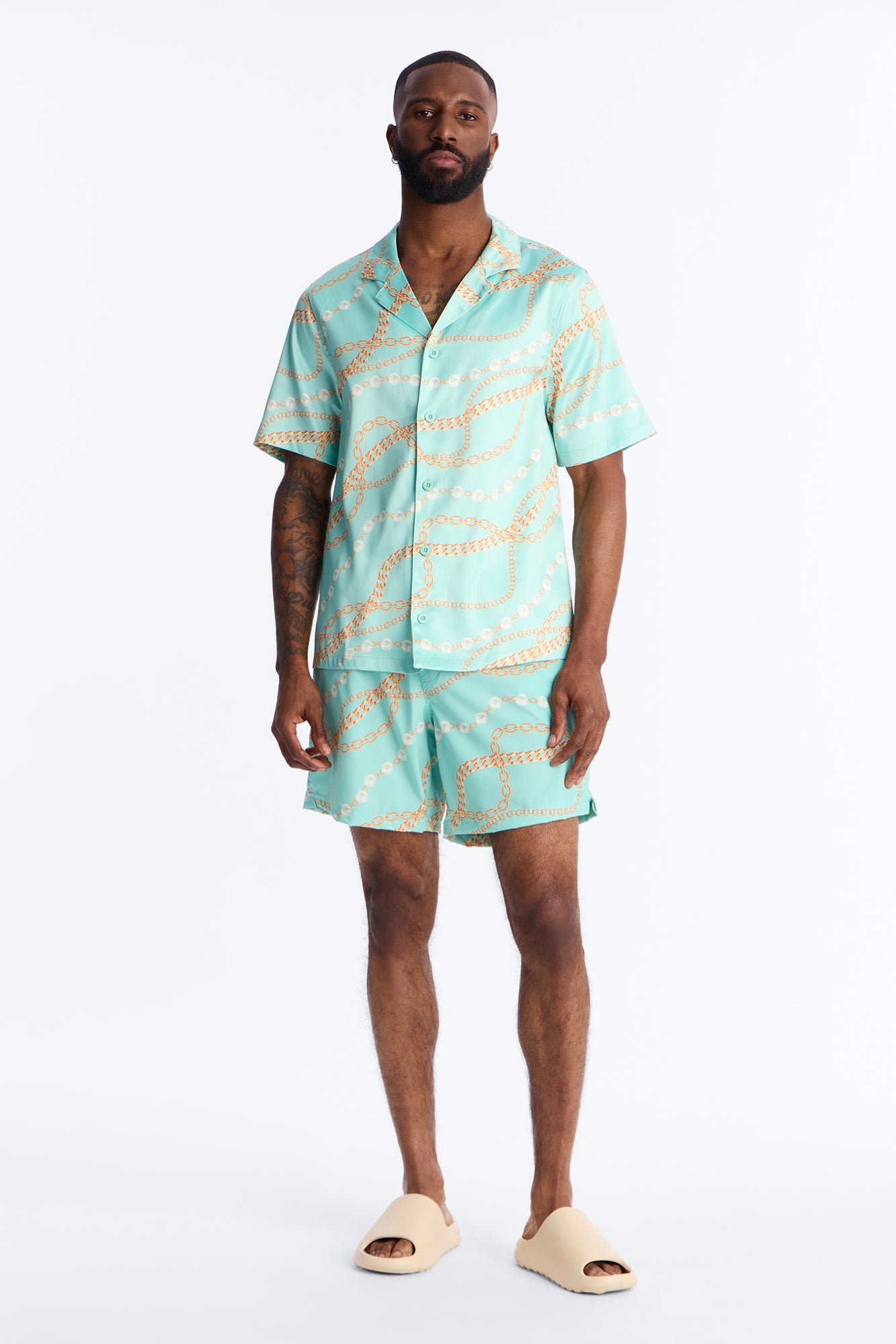 Chain Flex Printed Cuban Collar Button Up Shirt - Blue