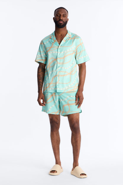 Chain Flex Printed Cuban Collar Button Up Shirt - Blue