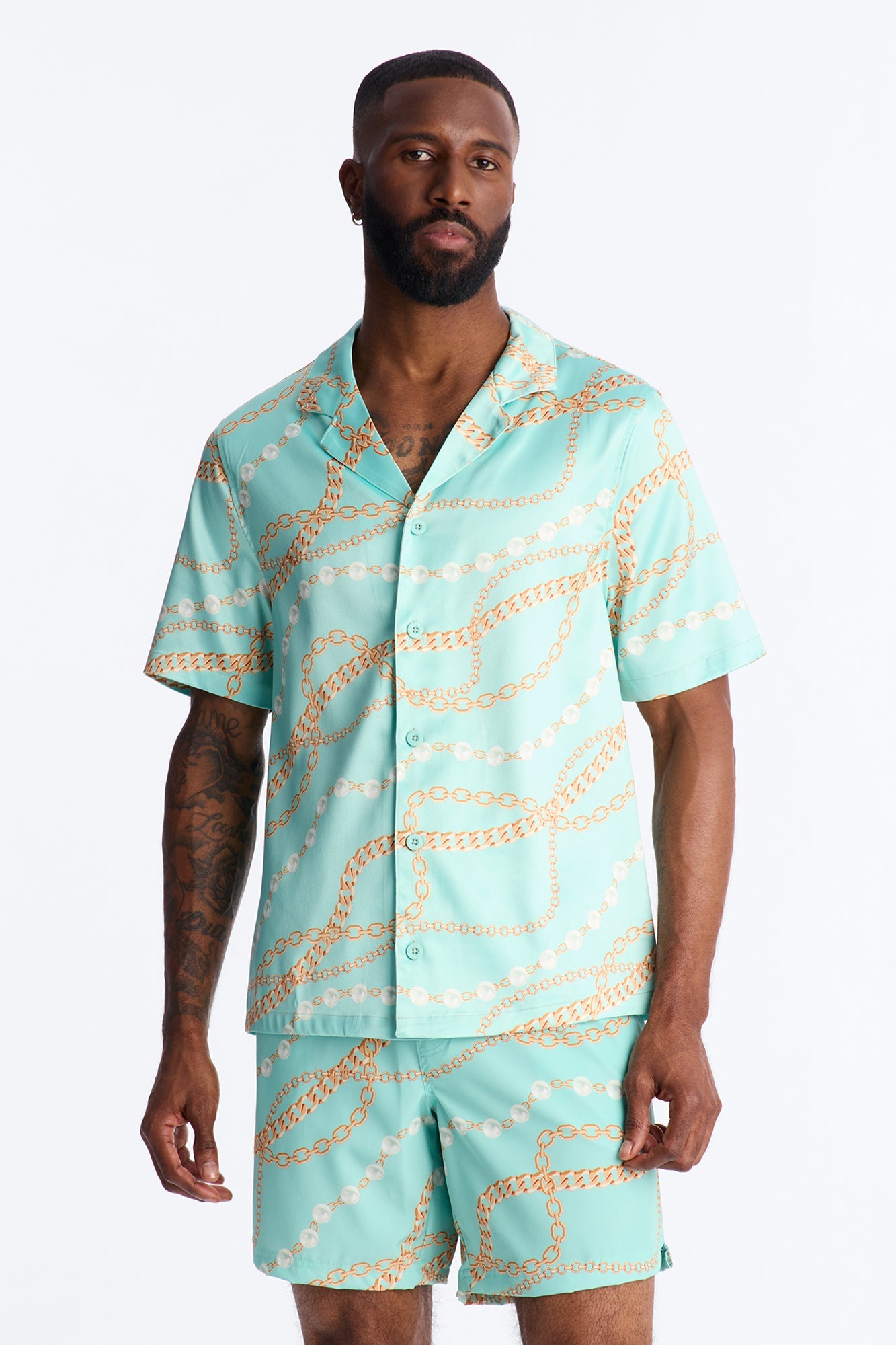 Chain Flex Printed Cuban Collar Button Up Shirt - Blue