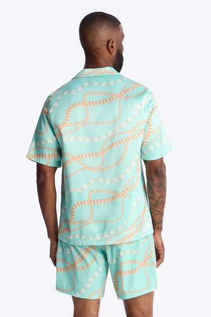 Chain Flex Printed Cuban Collar Button Up Shirt - Blue