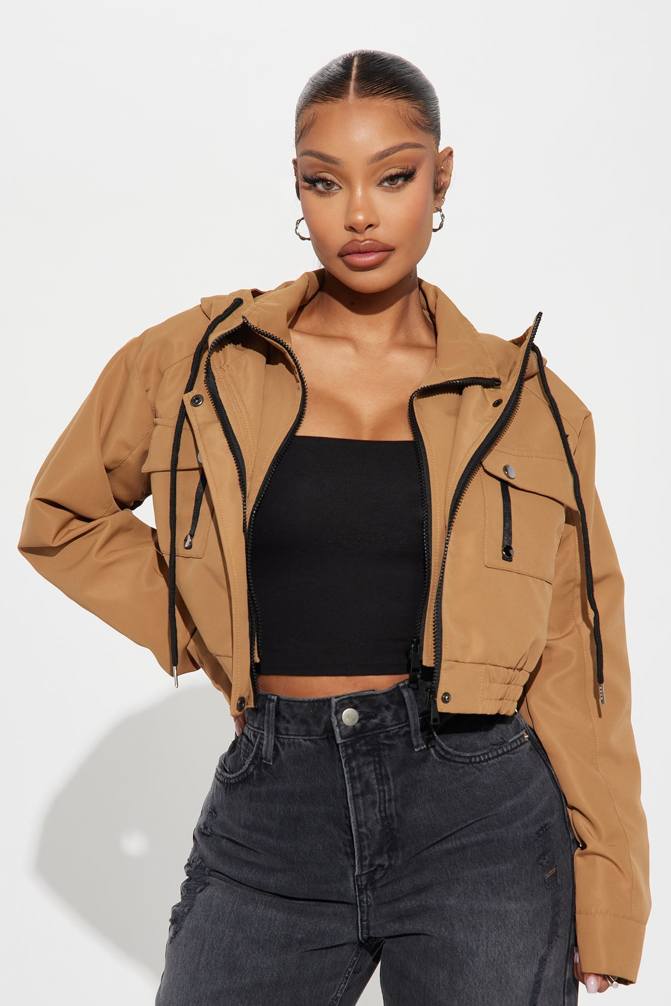 Kelsie Hooded Cropped Jacket - Khaki