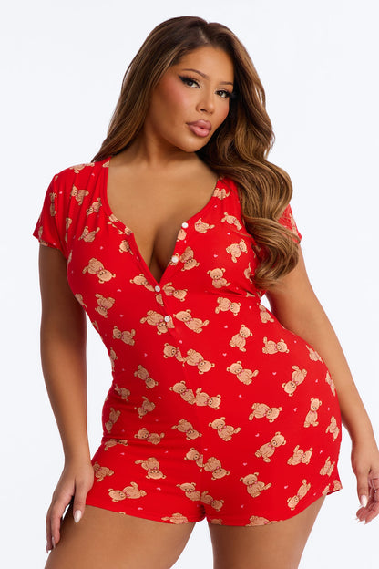 Cutie Bear PJ Romper Onesie - Red/combo