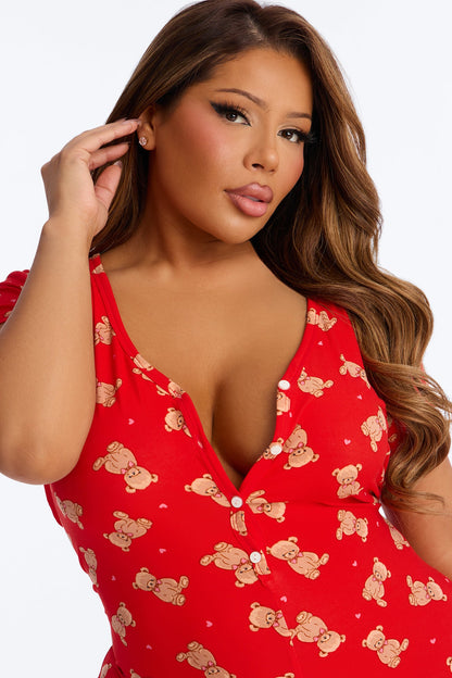Cutie Bear PJ Romper Onesie - Red/combo