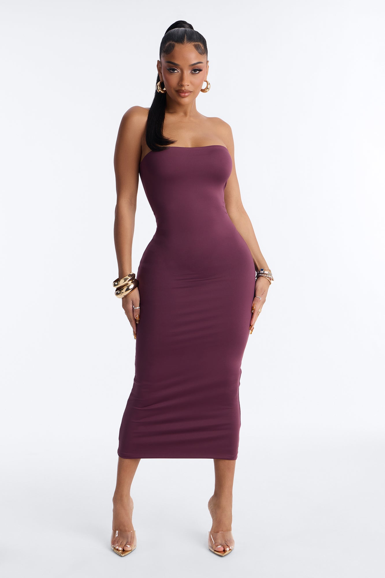 Contour Double Lined Strapless Midi Dress - Plum