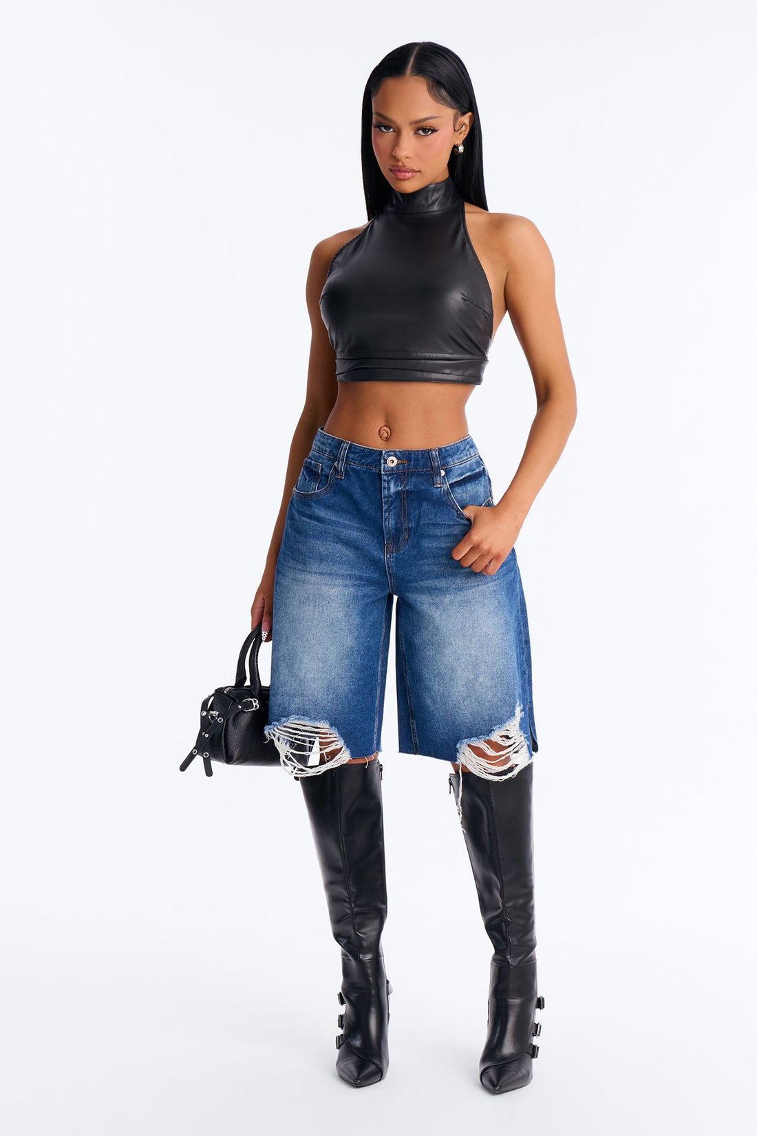 The Downside Ripped Basic Denim Jorts - Dark Wash