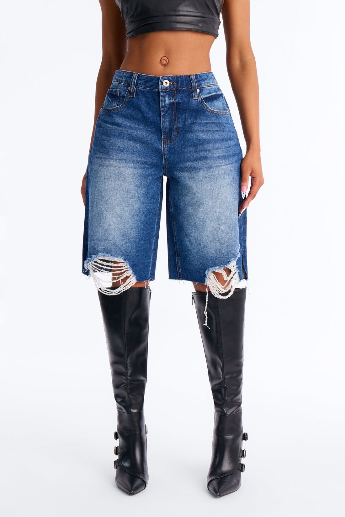 The Downside Ripped Basic Denim Jorts - Dark Wash