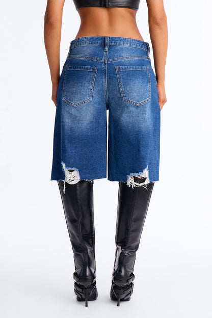 The Downside Ripped Basic Denim Jorts - Dark Wash