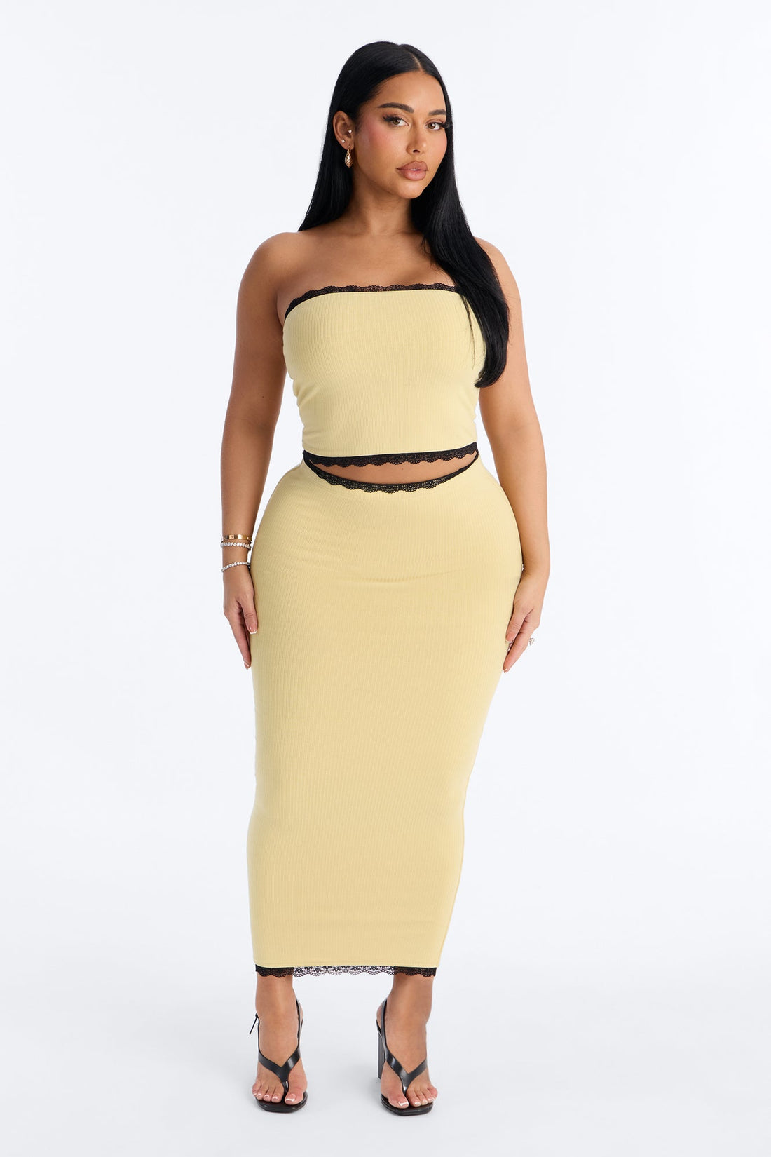 Your Darling Double Lined Ribbed Skirt Set - Yellow/combo