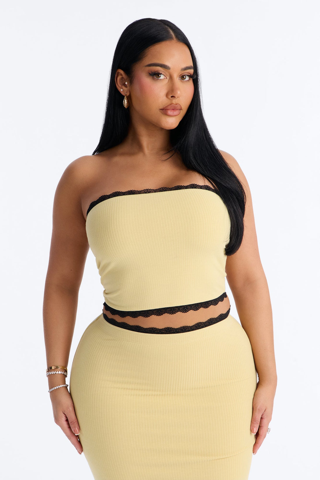 Your Darling Double Lined Ribbed Skirt Set - Yellow/combo