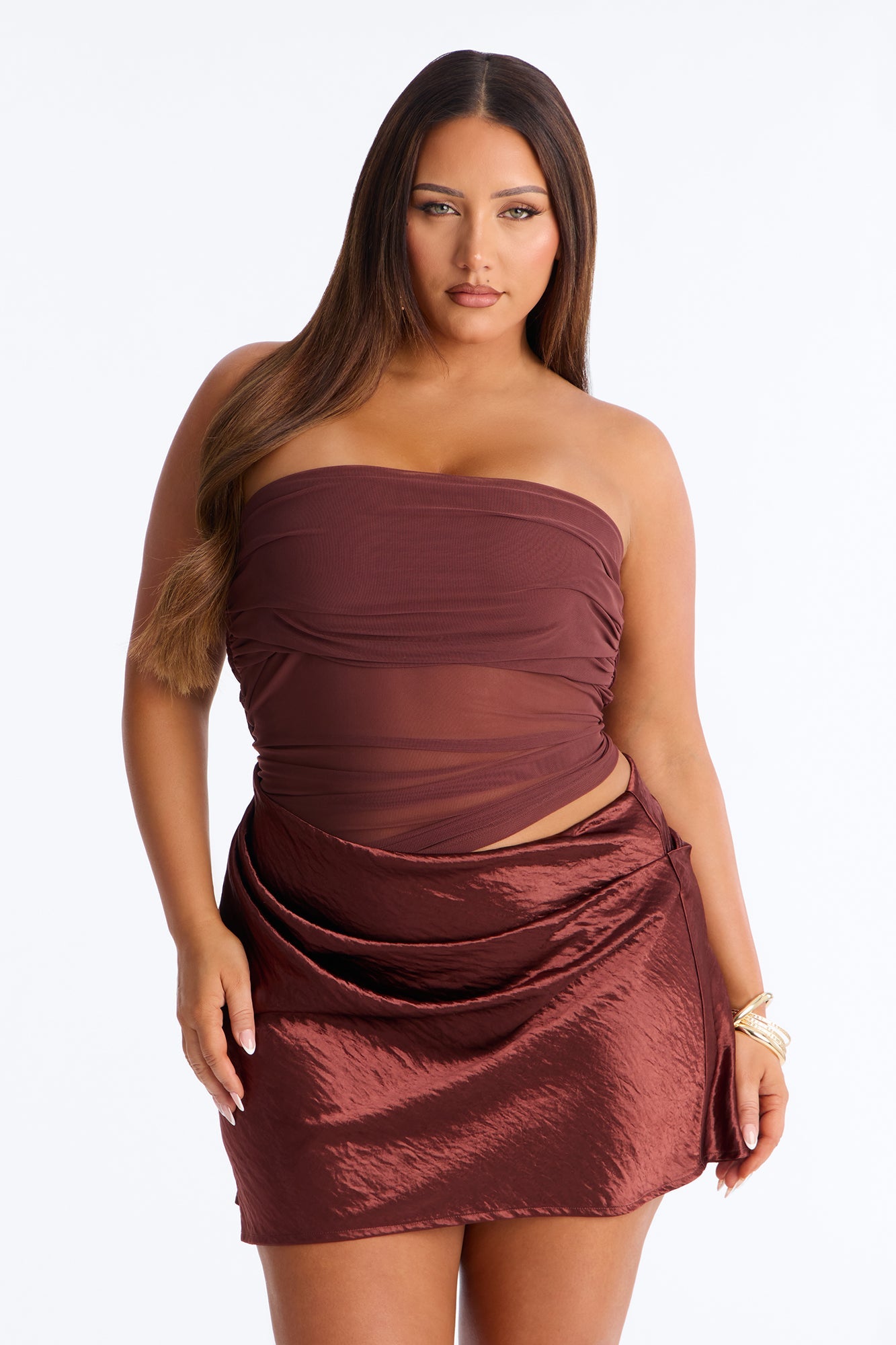 Nellie Strapless Satin Mini Dress - Chocolate