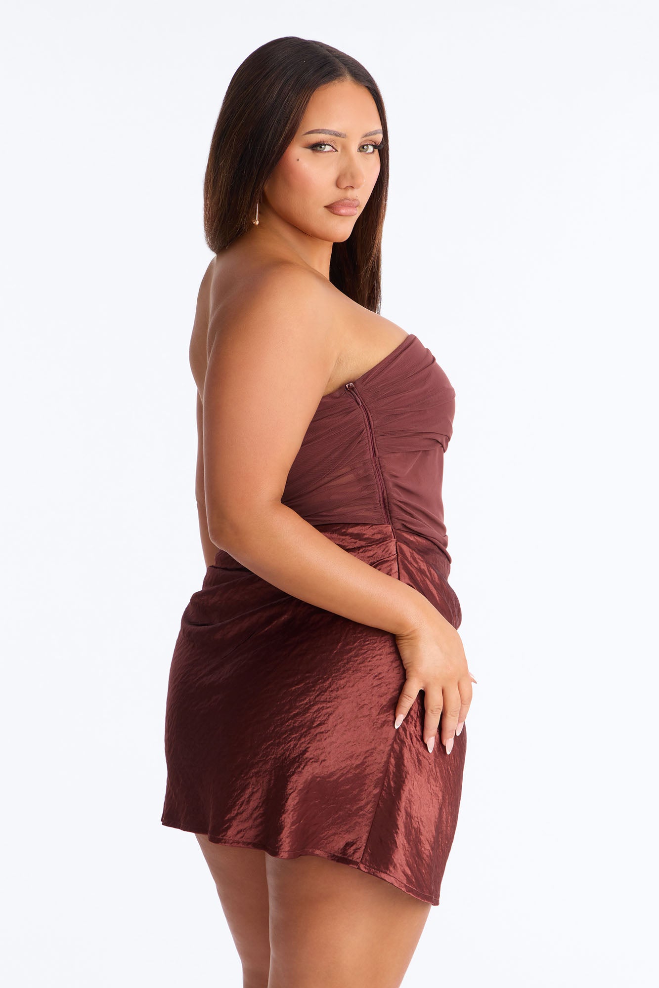 Nellie Strapless Satin Mini Dress - Chocolate