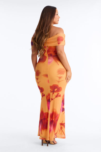Emilee Off Shoulder Mesh Maxi Dress - Orange/combo