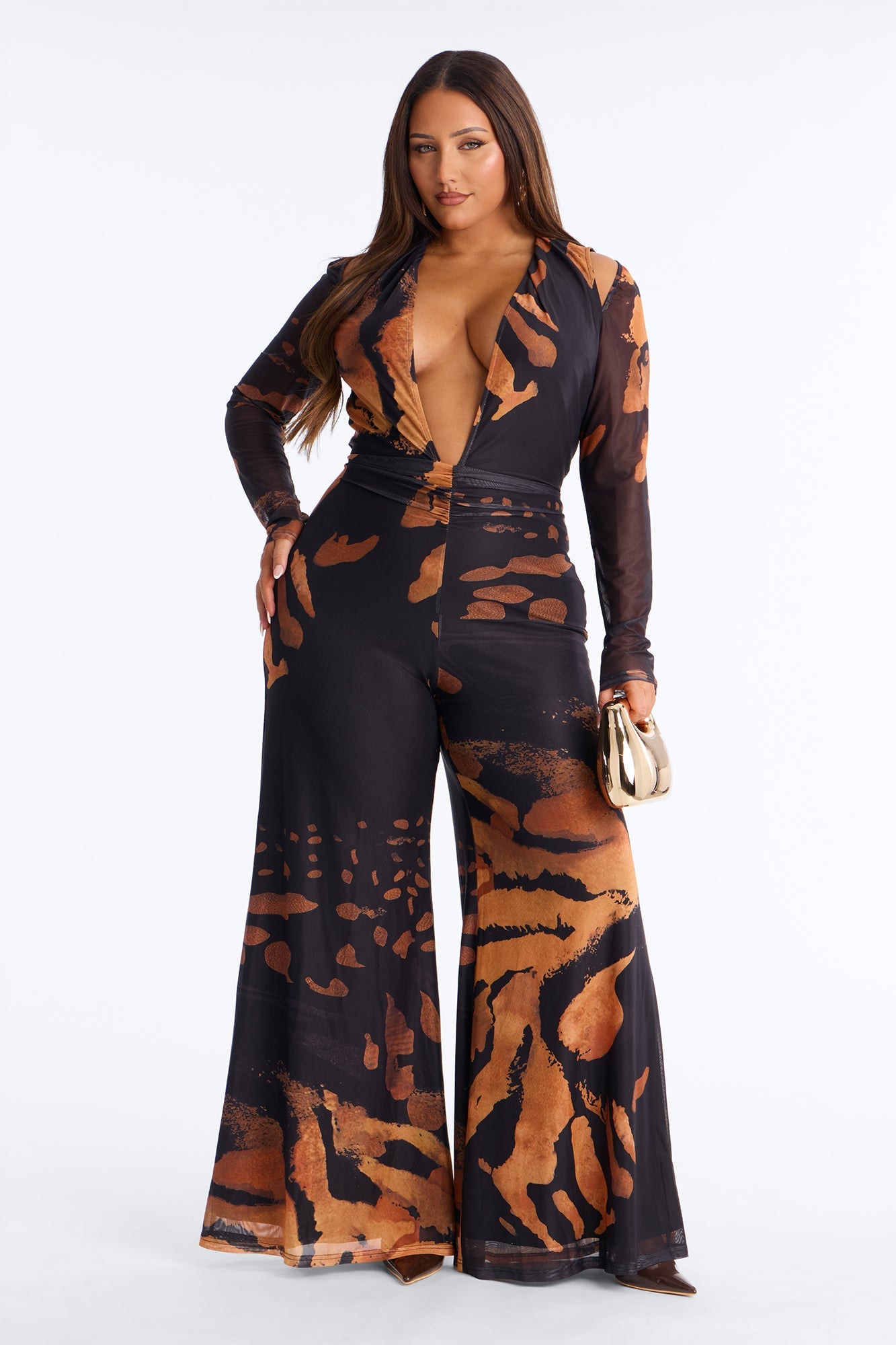 Seductive Energy Plunge Neck Mesh Jumpsuit - Black/combo