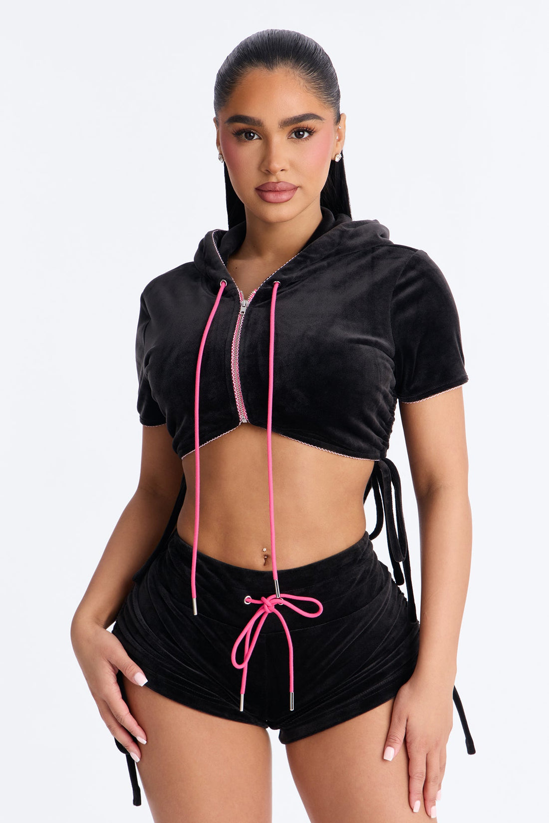 Riley Velour Ruched Short Set - Black/combo